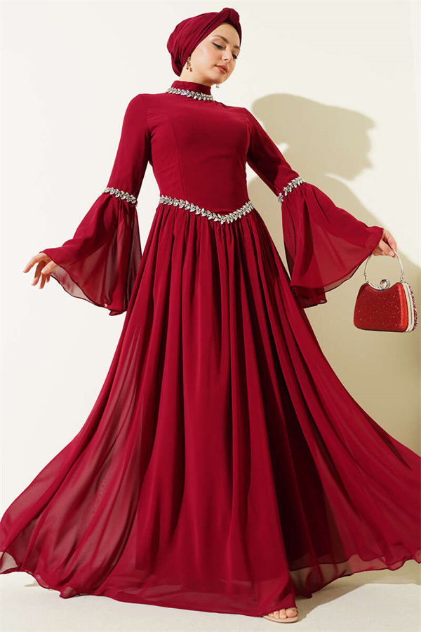 Stone Embellished Chiffon Evening Dress, Burgundy
