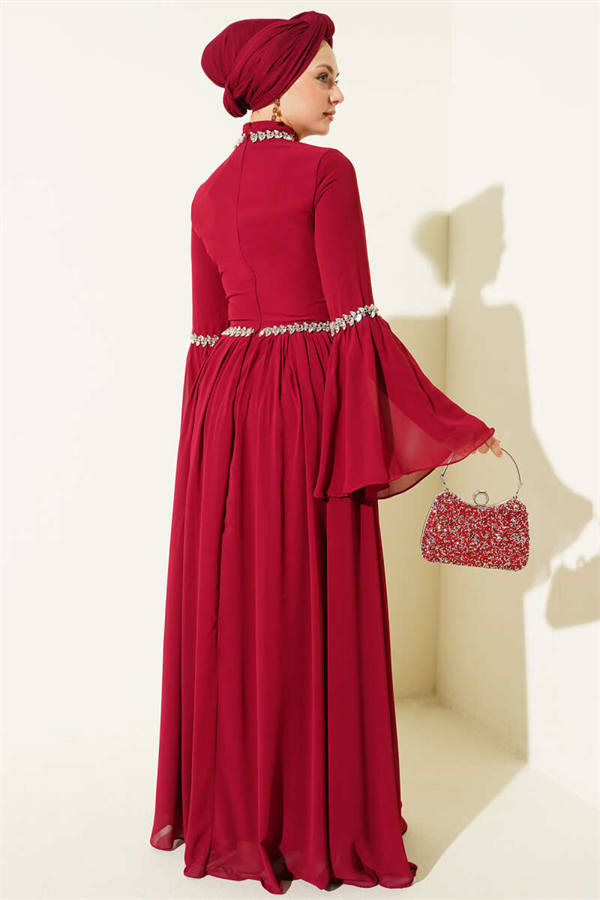 Stone Embellished Chiffon Evening Dress, Burgundy