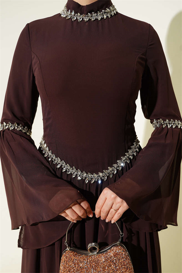 Stone Embellished Chiffon Evening Dress in Brown