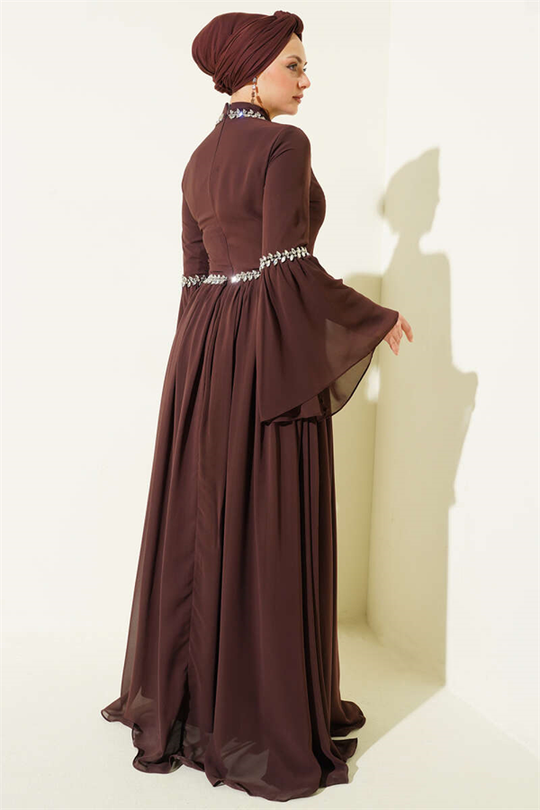 Stone Embellished Chiffon Evening Dress in Brown