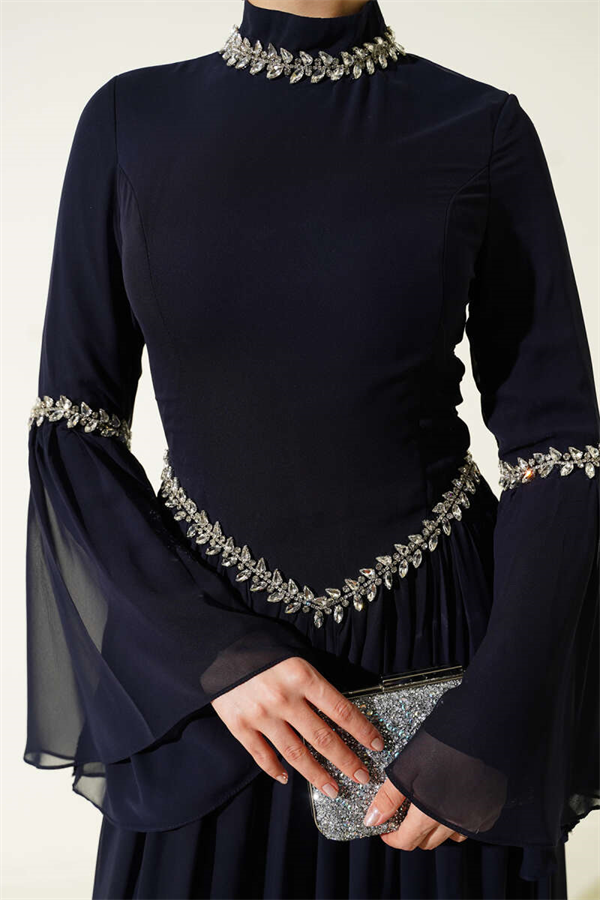Navy Blue Chiffon Evening Dress with Stone Embellishments
