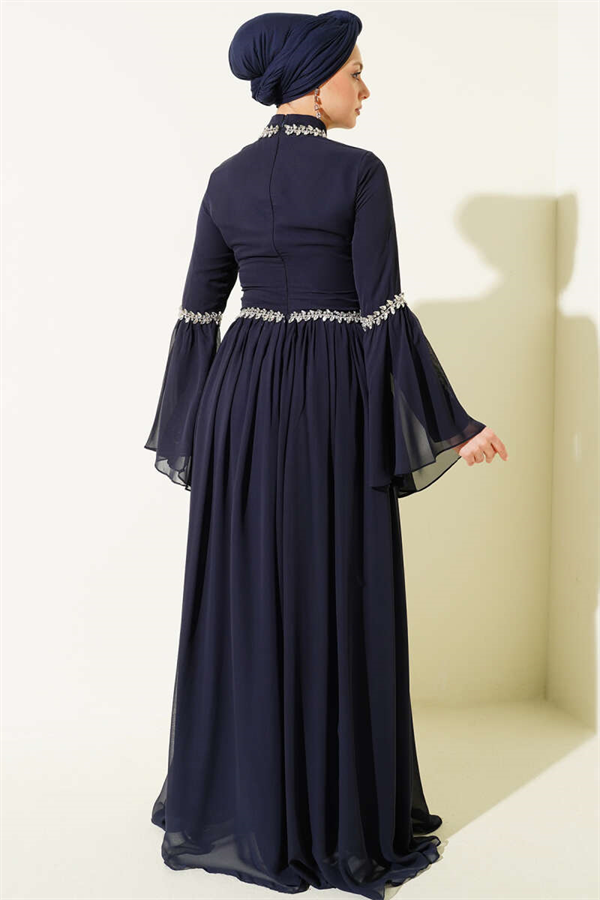 Navy Blue Chiffon Evening Dress with Stone Embellishments