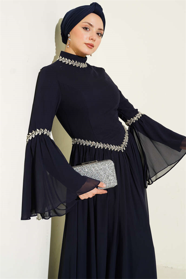 Navy Blue Chiffon Evening Dress with Stone Embellishments