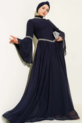 Navy Blue Chiffon Evening Dress with Stone Embellishments