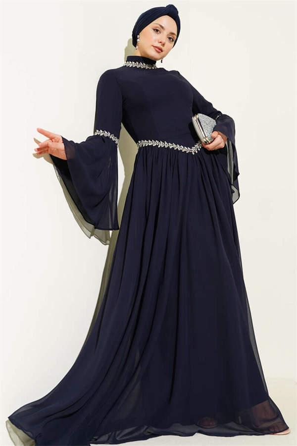 Navy Blue Chiffon Evening Dress with Stone Embellishments
