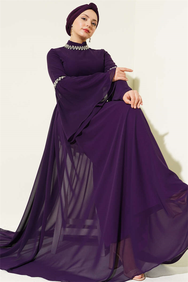 Stone Embellished Chiffon Evening Dress, Purple