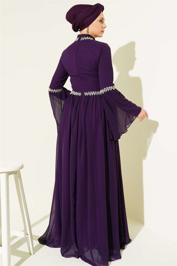 Stone Embellished Chiffon Evening Dress, Purple