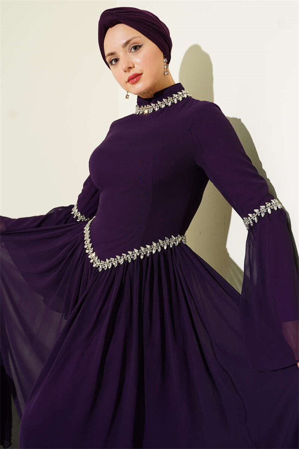 Stone Embellished Chiffon Evening Dress, Purple