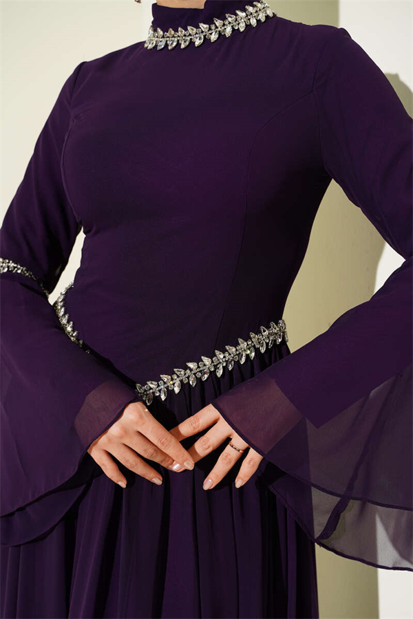 Stone Embellished Chiffon Evening Dress, Purple