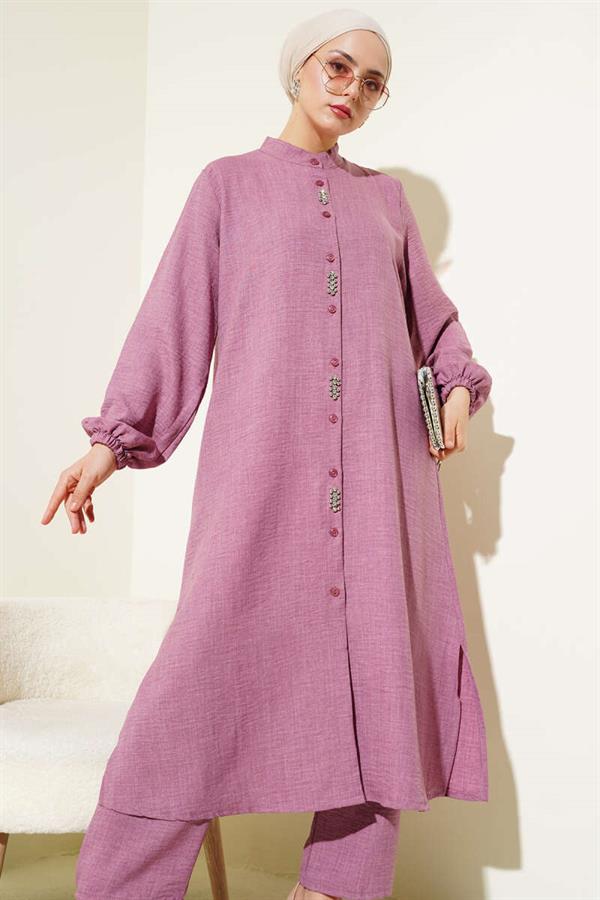 Stone Embellished Long Tunic 2 Piece Set Dusty Rose
