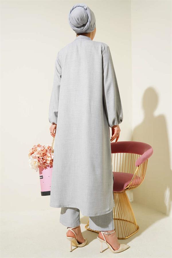 Stone Embellished Long Tunic 2 Piece Set Gray
