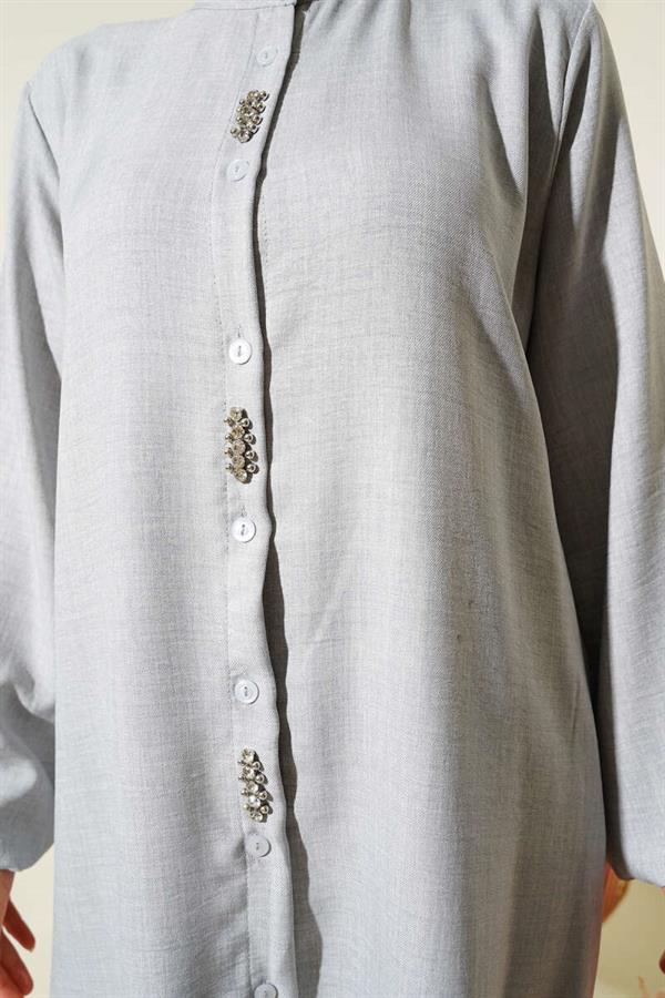 Stone Embellished Long Tunic 2 Piece Set Gray