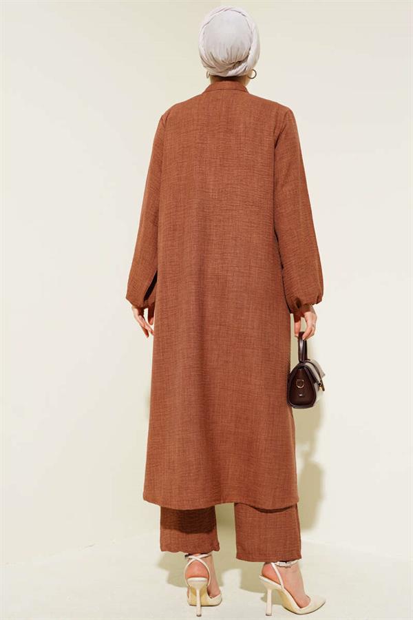 Stone Embellished Long Tunic 2 Piece Set Brown