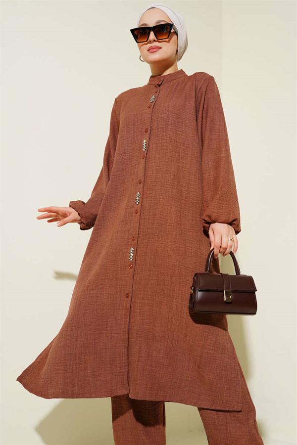 Stone Embellished Long Tunic 2 Piece Set Brown
