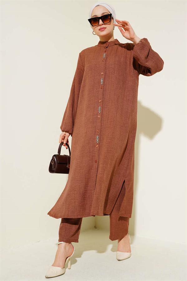 Stone Embellished Long Tunic 2 Piece Set Brown