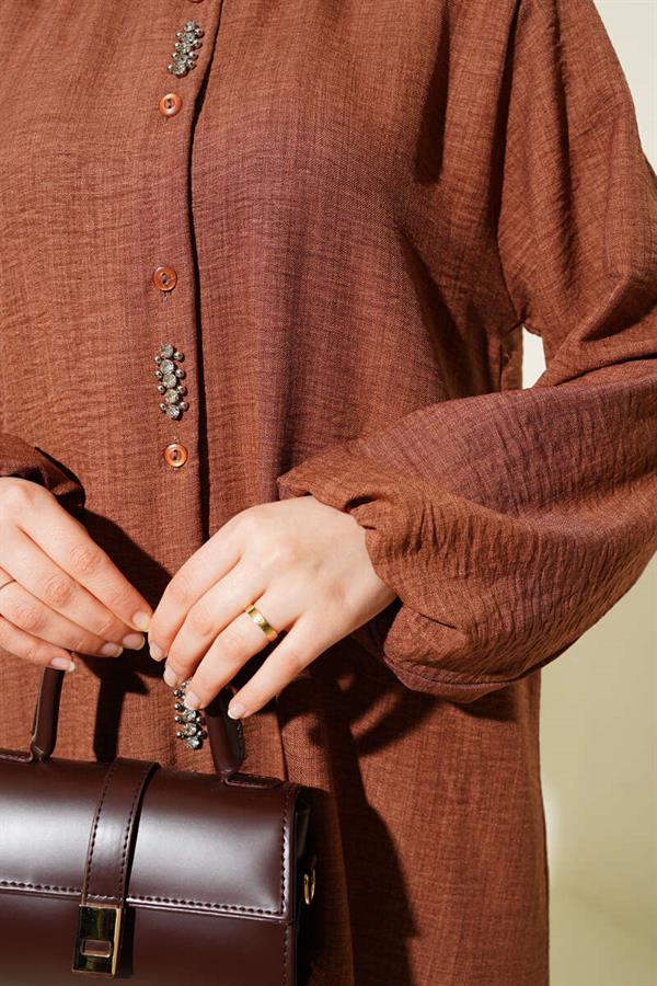 Stone Embellished Long Tunic 2 Piece Set Brown