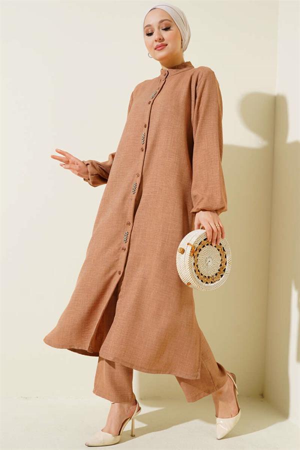 Stone Embellished Long Tunic 2 Piece Set Latte