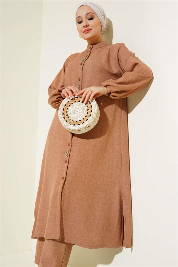 Stone Embellished Long Tunic 2 Piece Set Latte