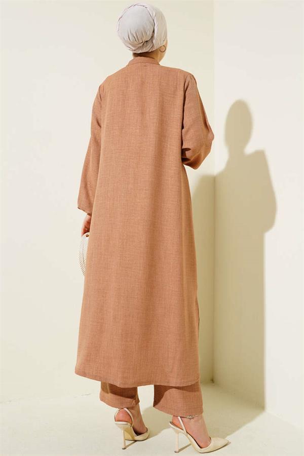 Stone Embellished Long Tunic 2 Piece Set Latte