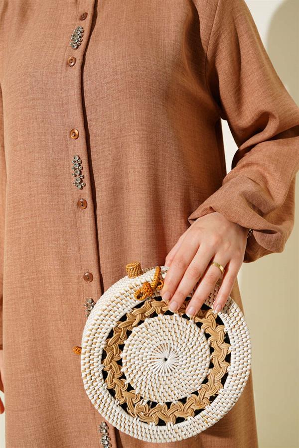 Stone Embellished Long Tunic 2 Piece Set Latte