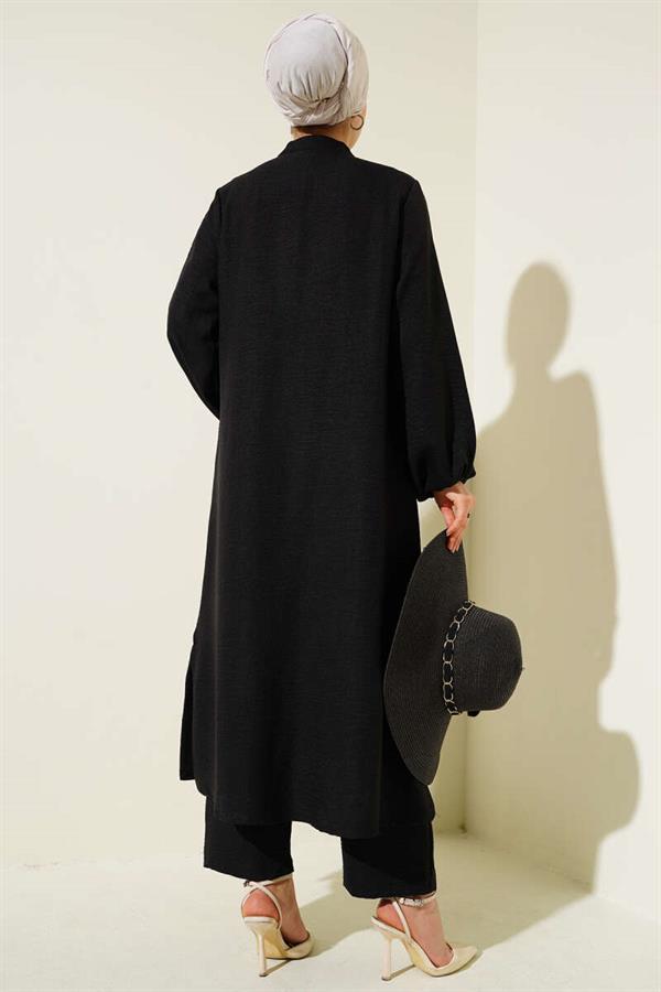 Stone Embellished Long Tunic 2 Piece Set Black
