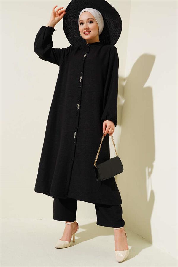 Stone Embellished Long Tunic 2 Piece Set Black