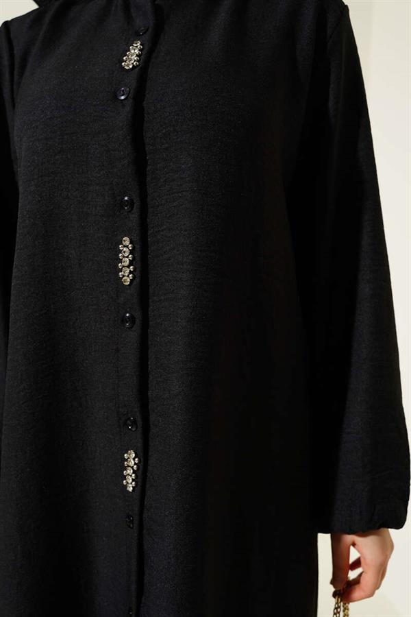 Stone Embellished Long Tunic 2 Piece Set Black
