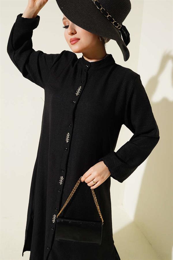 Stone Embellished Long Tunic 2 Piece Set Black