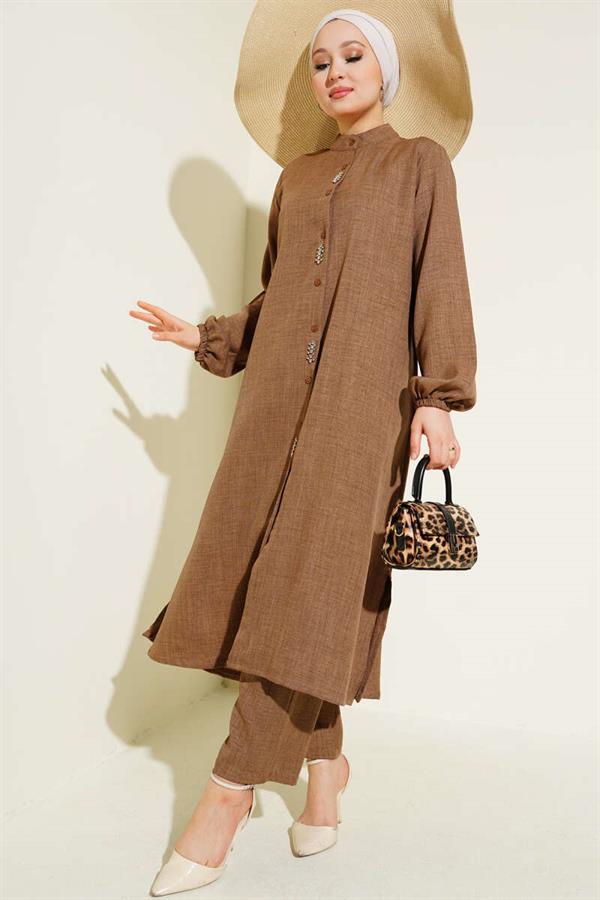 Stone Embellished Long Tunic 2 Piece Set Mink