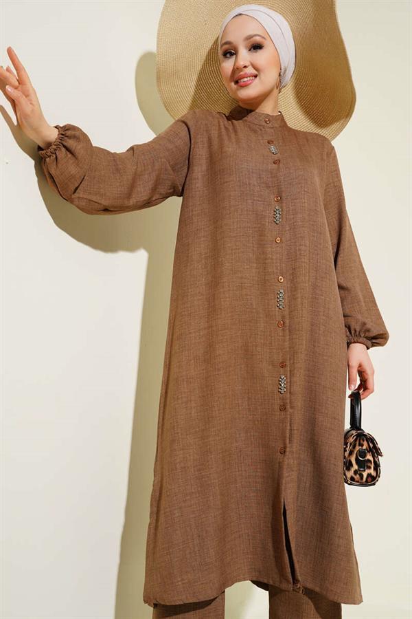 Stone Embellished Long Tunic 2 Piece Set Mink