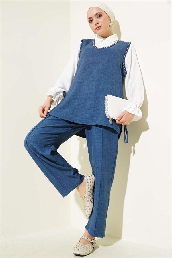 Stone Embellished Side Tie 2 Piece Set Blue