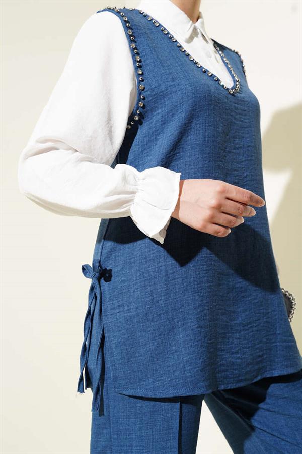 Stone Embellished Side Tie 2 Piece Set Blue