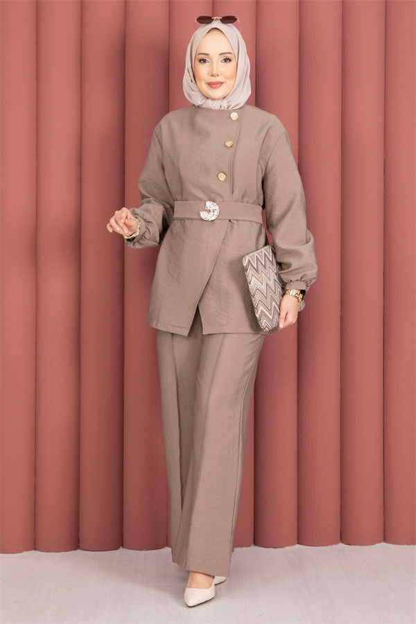 Designer 2 Piece Set with Gold Buttons and Belt, Mink Color