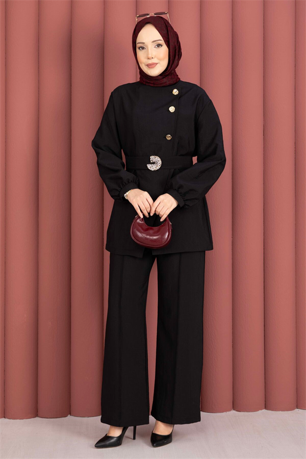 Designer 2 Piece Set with Gold Buttons and Belt, Black