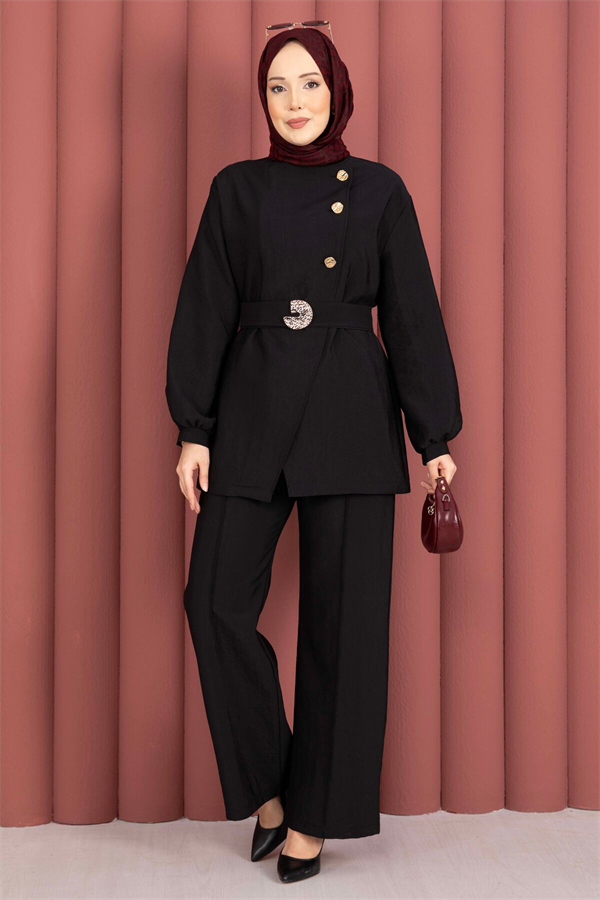 Designer 2 Piece Set with Gold Buttons and Belt, Black