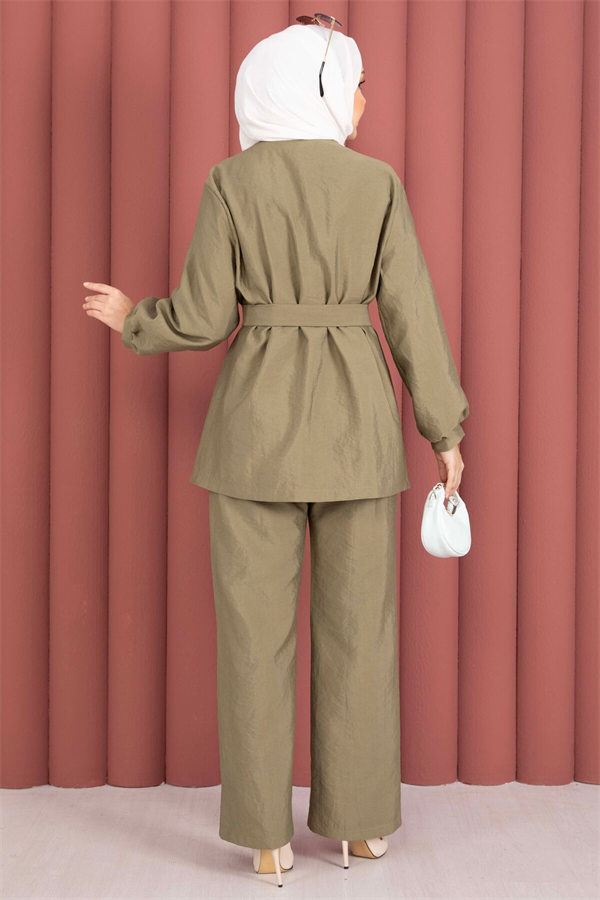 Designer 2 Piece Set with Gold Buttons and Belt, Khaki