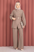 Designer 2 Piece Set with Gold Buttons and Belt, Mink Color