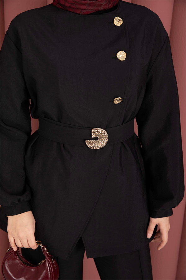 Designer 2 Piece Set with Gold Buttons and Belt, Black