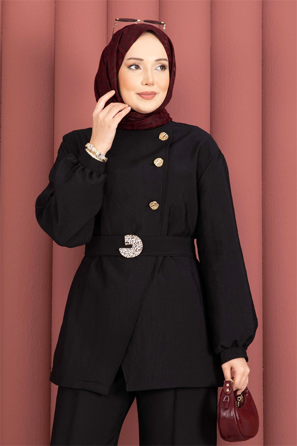 Designer 2 Piece Set with Gold Buttons and Belt, Black