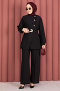 Designer 2 Piece Set with Gold Buttons and Belt, Black