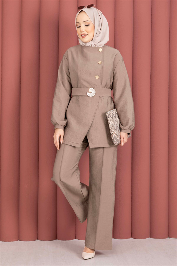 Designer 2 Piece Set with Gold Buttons and Belt, Mink Color