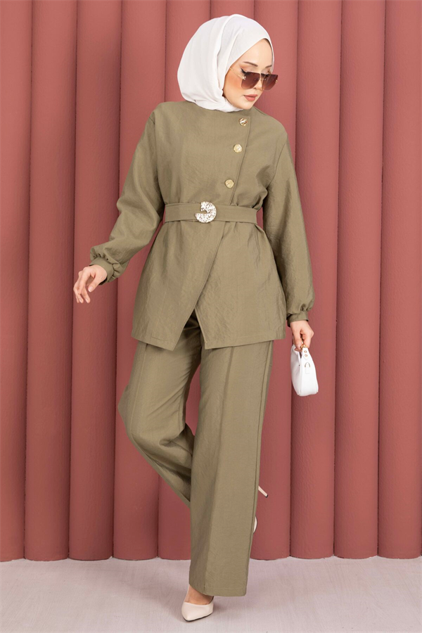 Designer 2 Piece Set with Gold Buttons and Belt, Khaki