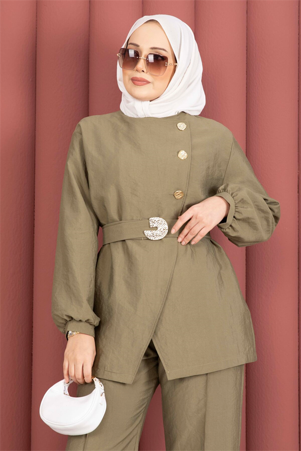 Designer 2 Piece Set with Gold Buttons and Belt, Khaki
