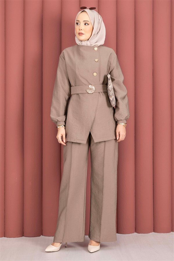 Designer 2 Piece Set with Gold Buttons and Belt, Mink Color