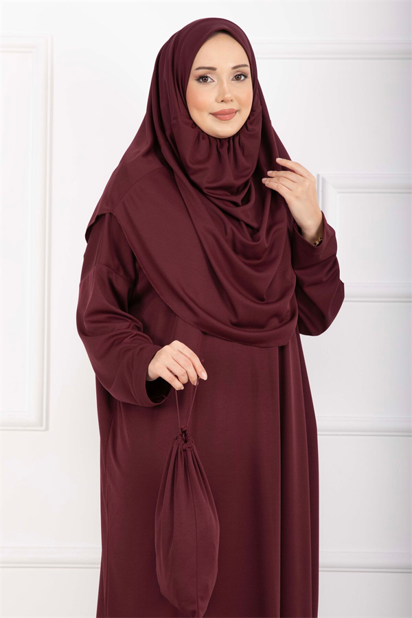 Hijab Prayer Dress with Carrying Bag, Burgundy