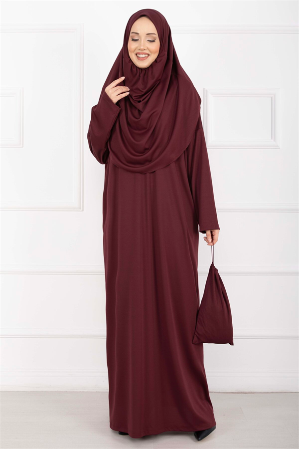 Hijab Prayer Dress with Carrying Bag, Burgundy