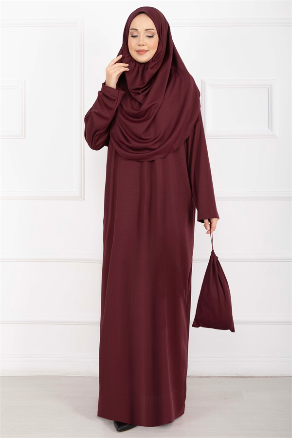 Hijab Prayer Dress with Carrying Bag, Burgundy