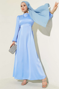 Stone Embellished Tie-Up Satin Evening Dress, Baby Blue