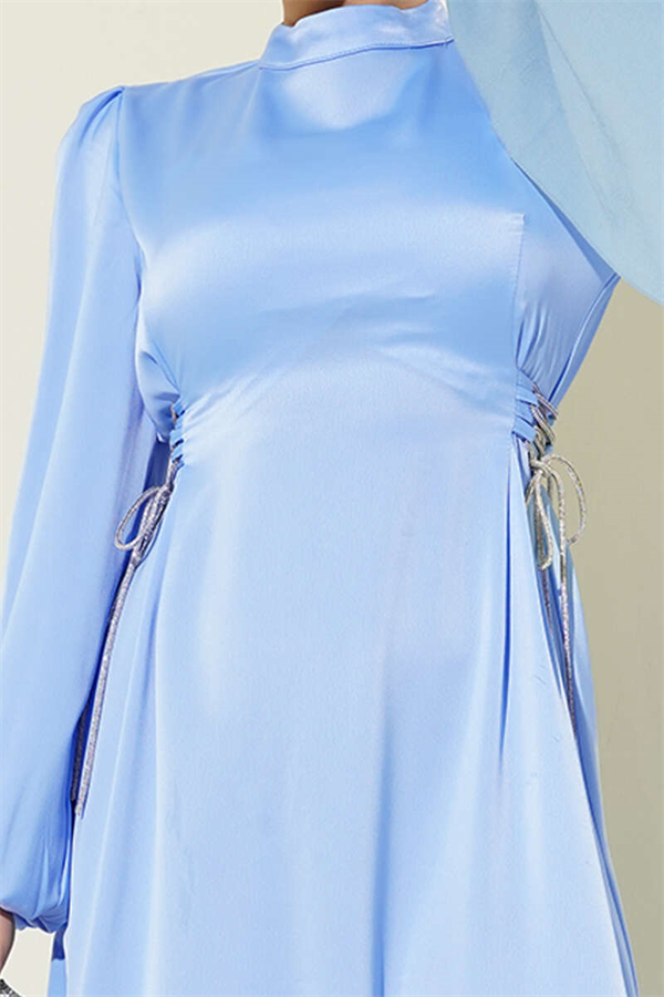 Stone Embellished Tie-Up Satin Evening Dress, Baby Blue