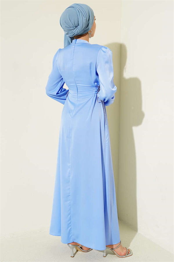 Stone Embellished Tie-Up Satin Evening Dress, Baby Blue